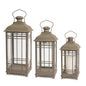 Set of Three Brown Distressed Geometric Glass And Metal Floor Lantern Candle Holders
