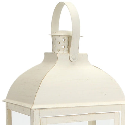 Set of Three Ivory Distressed Glass And Metal Floor Lantern Candle Holders