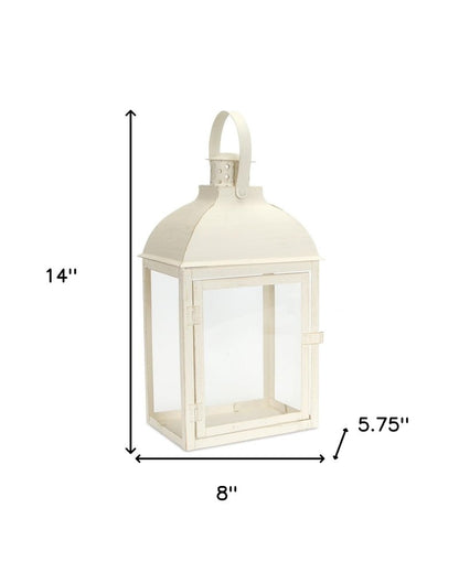 Set of Three Ivory Distressed Glass And Metal Floor Lantern Candle Holders