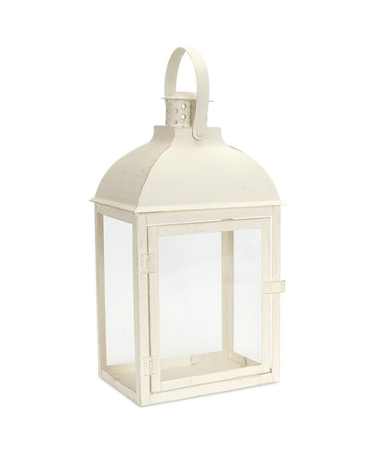 Set of Three Ivory Distressed Glass And Metal Floor Lantern Candle Holders