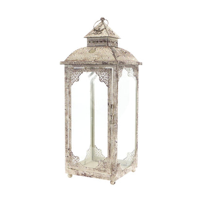 Set of Two Beige Distressed Ornate Glass And Metal Floor Lantern Candle Holders