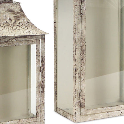 Set of Two Beige Distressed Filigree Iron And Glass Floor Lantern Candle Holders