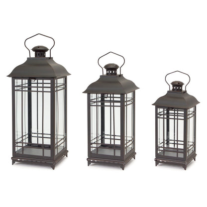 Set of Three Black Distressed Geometric Glass And Metal Floor Lantern Candle Holders