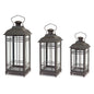 Set of Three Black Distressed Geometric Glass And Metal Floor Lantern Candle Holders