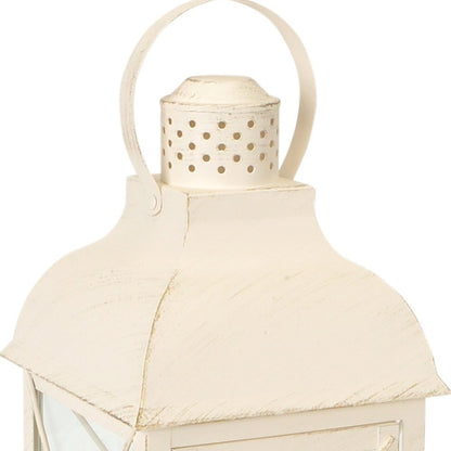 Set of Three Ivory Distressed Geometric Glass And Metal Floor Lantern Candle Holders