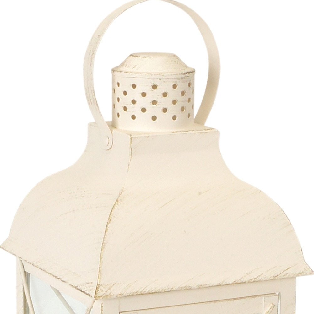 Set of Three Ivory Distressed Geometric Glass And Metal Floor Lantern Candle Holders