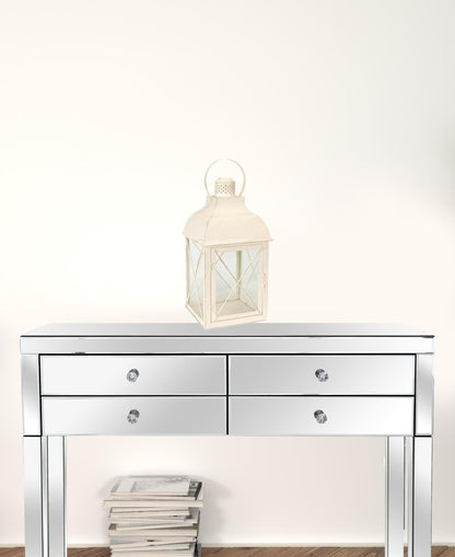 Set of Three Ivory Distressed Geometric Glass And Metal Floor Lantern Candle Holders