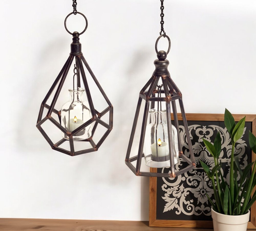 Set of Two Black Metal Geometric Tabletop Tealight Candle Holders