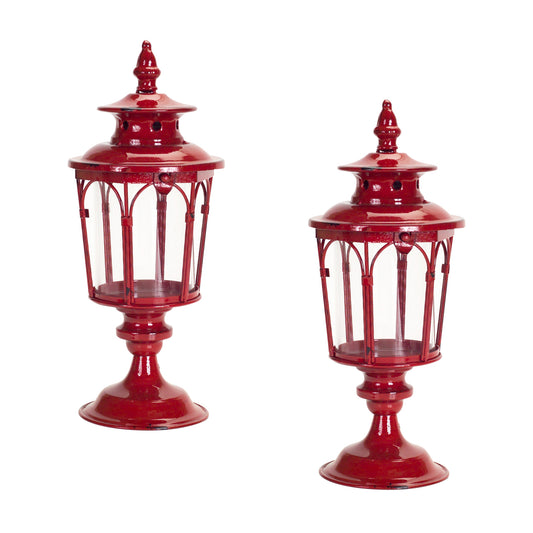 Set of Two Red Glass and Metal Distressed Tabletop Lantern Candle Holders