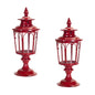 Set of Two Red Distressed Ornate Glass And Metal Tabletop Lantern Candle Holders