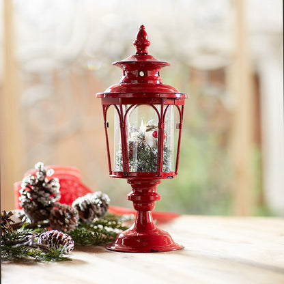 Set of Two Red Distressed Ornate Glass And Metal Tabletop Lantern Candle Holders