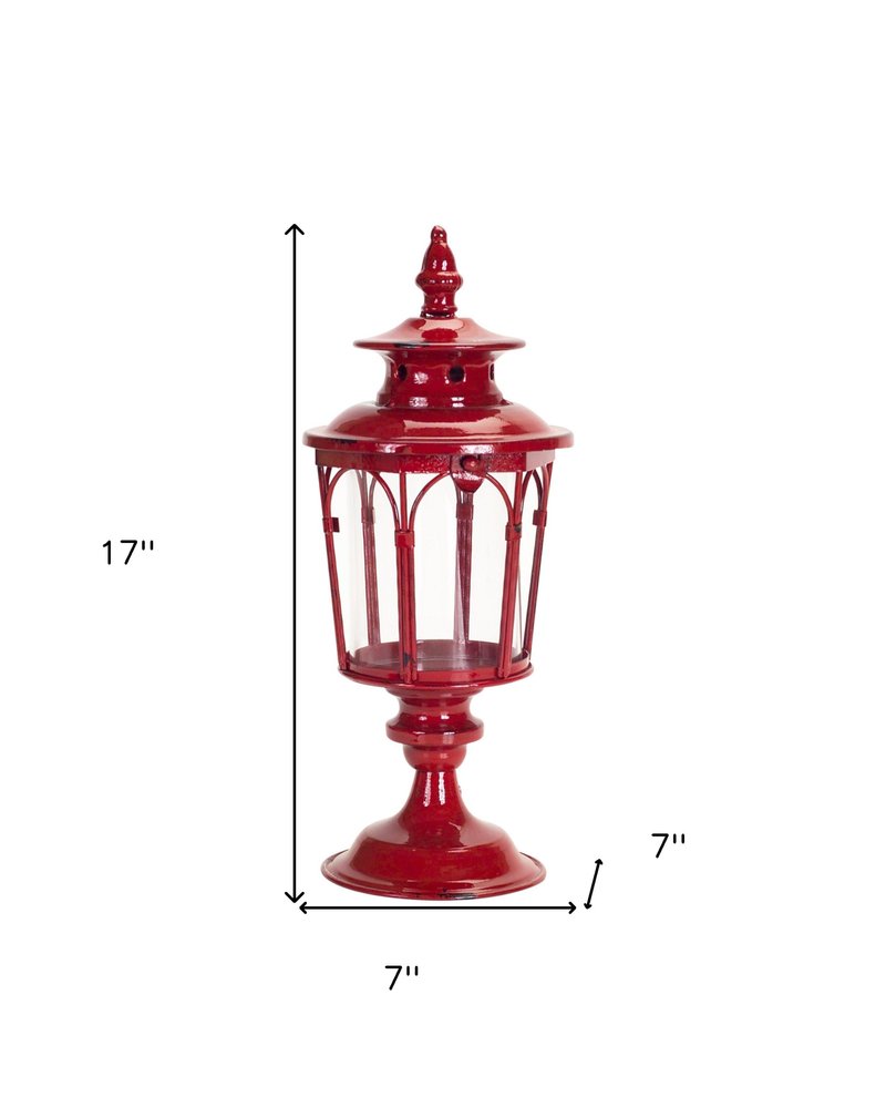 Set of Two Red Distressed Ornate Glass And Metal Tabletop Lantern Candle Holders