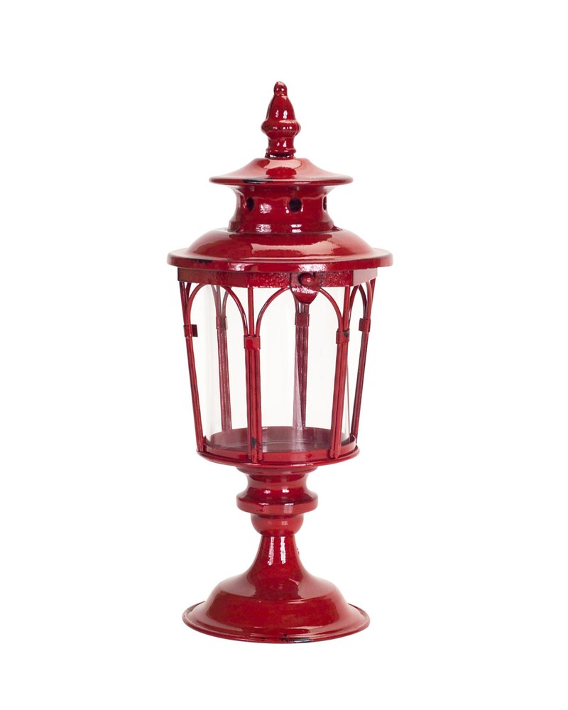 Set of Two Red Distressed Ornate Glass And Metal Tabletop Lantern Candle Holders