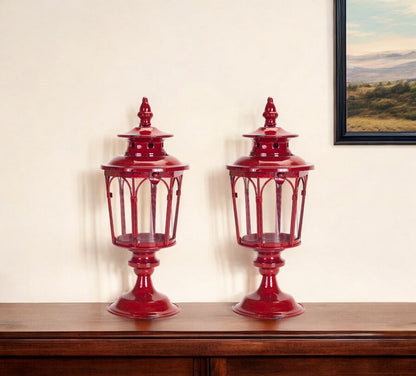 Set of Two Red Distressed Ornate Glass And Metal Tabletop Lantern Candle Holders