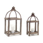 Set of Two Natural And Gray Geometric Glass Wood And Metal Floor Lantern Candle Holders