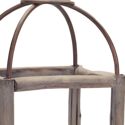 Set of Two Natural And Gray Geometric Glass Wood And Metal Floor Lantern Candle Holders