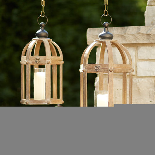 Set of Two Brown Distressed Wood And Glass Floor Lantern Candle Holders