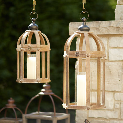 Set of Two Brown Distressed Wood And Glass Floor Lantern Candle Holders