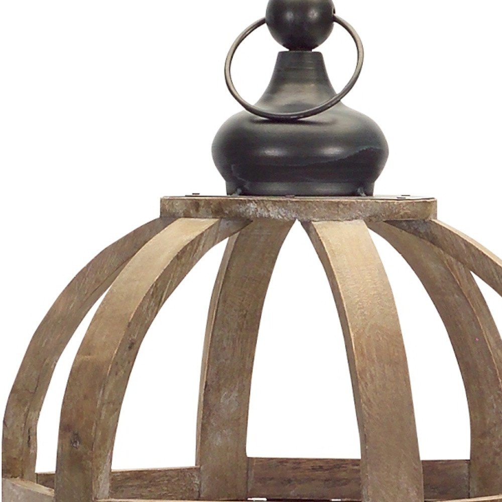 Set of Two Brown Distressed Wood And Glass Floor Lantern Candle Holders