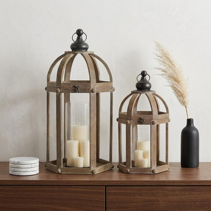 Set of Two Brown Distressed Wood And Glass Floor Lantern Candle Holders