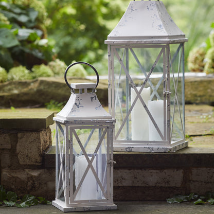 Set of Two White Glass and Metal Lattice Floor Lantern Candle Holders