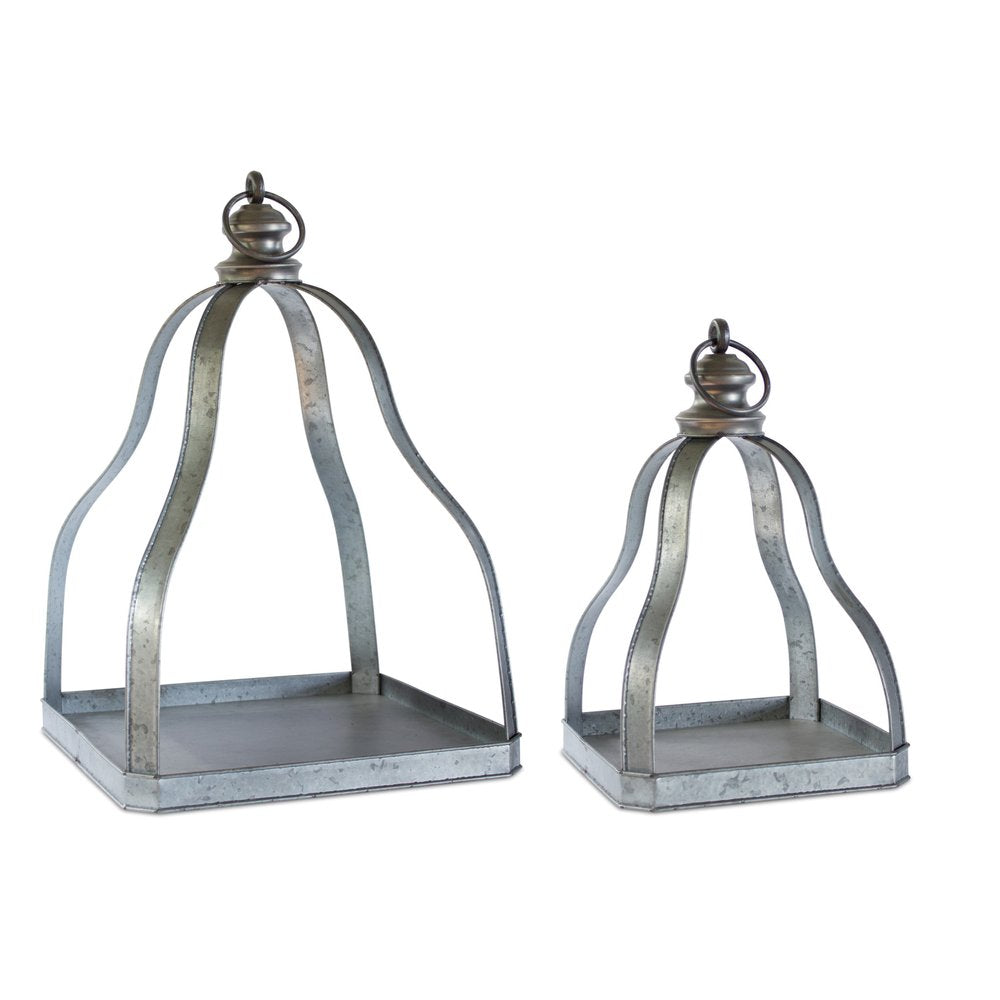 Set of Two Gray Distressed Galvanized Metal Tabletop Lantern Candle Holders