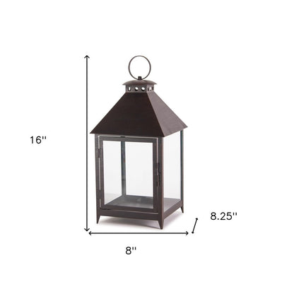 Set of Two Black Geometric Iron And Glass Floor Lantern Candle Holders