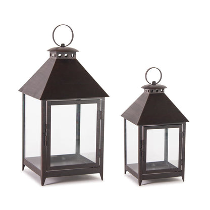 Set of Two Black Geometric Iron And Glass Floor Lantern Candle Holders