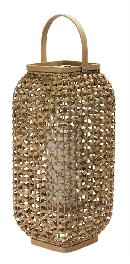 20" Natural Distressed Woven Glass And Wicker Floor Lantern Candle Holder