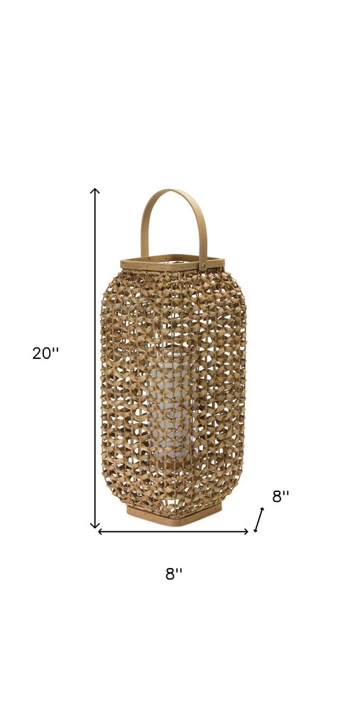 20" Natural Distressed Woven Glass And Wicker Floor Lantern Candle Holder