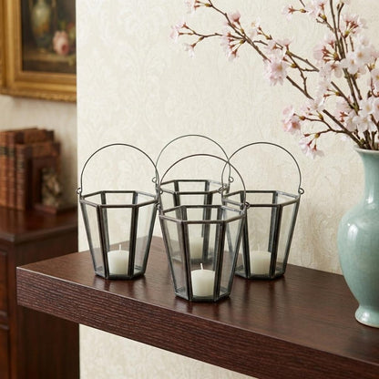 Set of Four Gray Distressed Geometric Iron And Glass Tabletop Votive Candle Holders