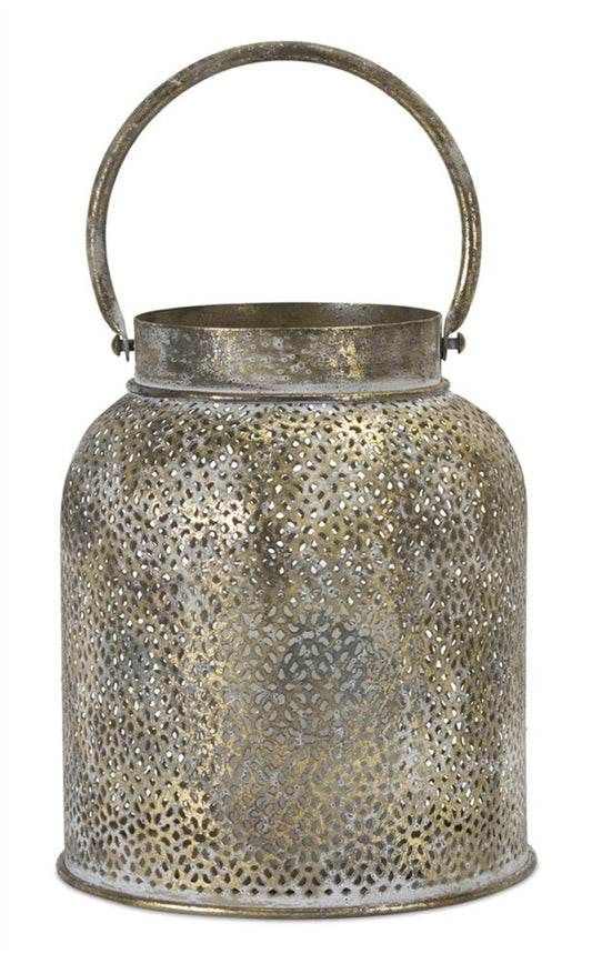 Set of Two Gold Distressed Metal Tabletop Taper Candlesticks