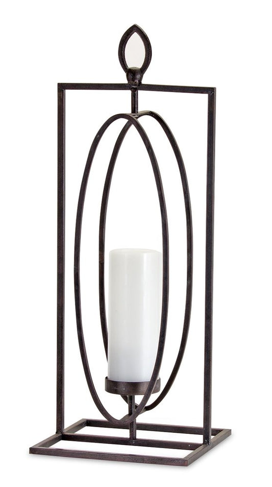 Set of Two Black Distressed Ornate Iron Tabletop Hurricane Candle Holders