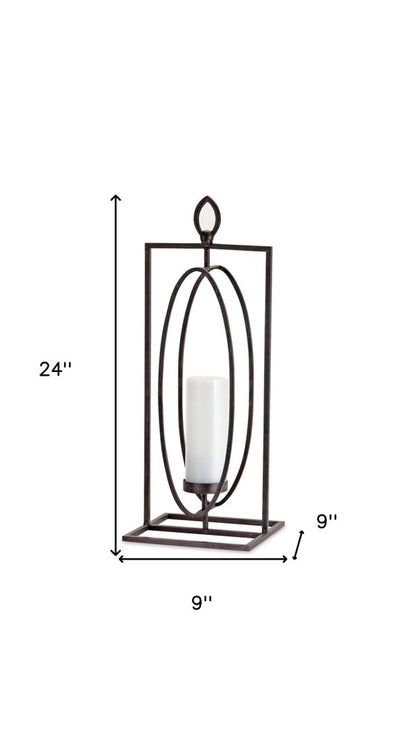 Set of Two Black Distressed Ornate Iron Tabletop Hurricane Candle Holders
