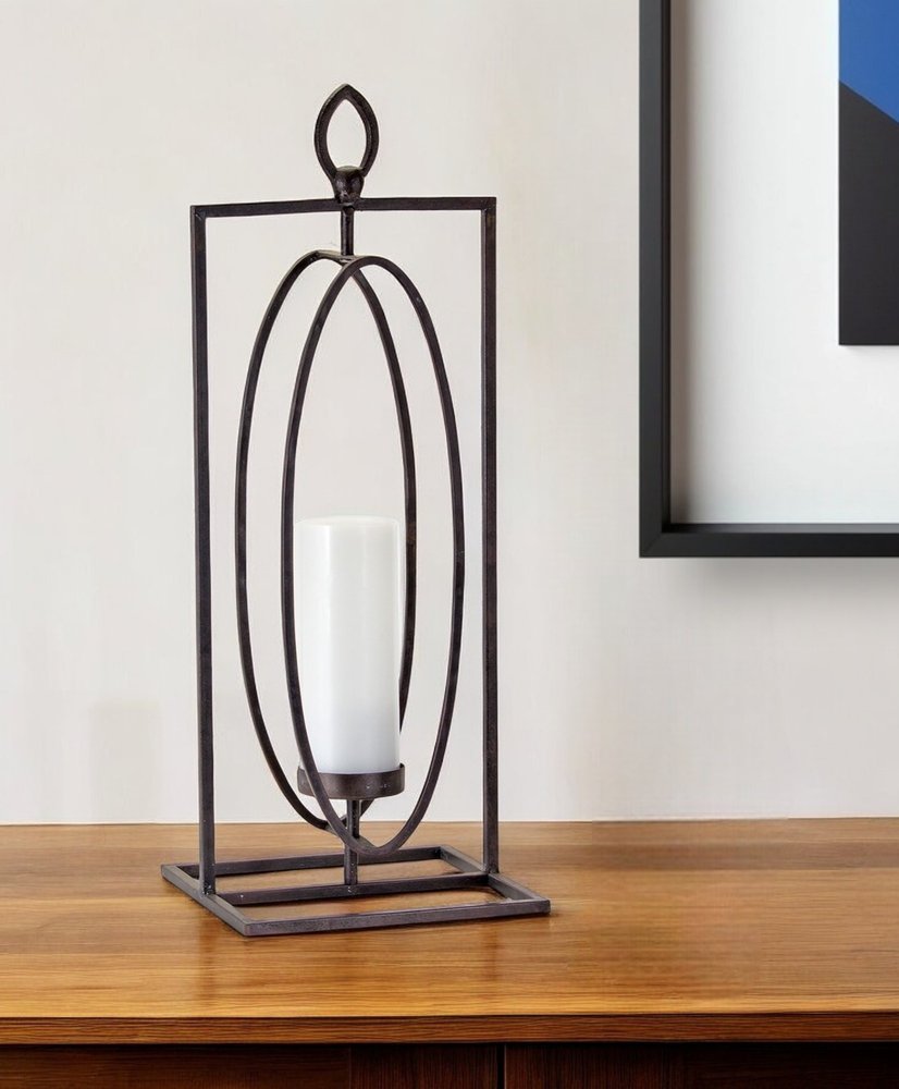 Set of Two Black Distressed Ornate Iron Tabletop Hurricane Candle Holders