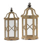 Set of Two Natural And Brown Distressed Geometric Wood And Metal Floor Lantern Candle Holders