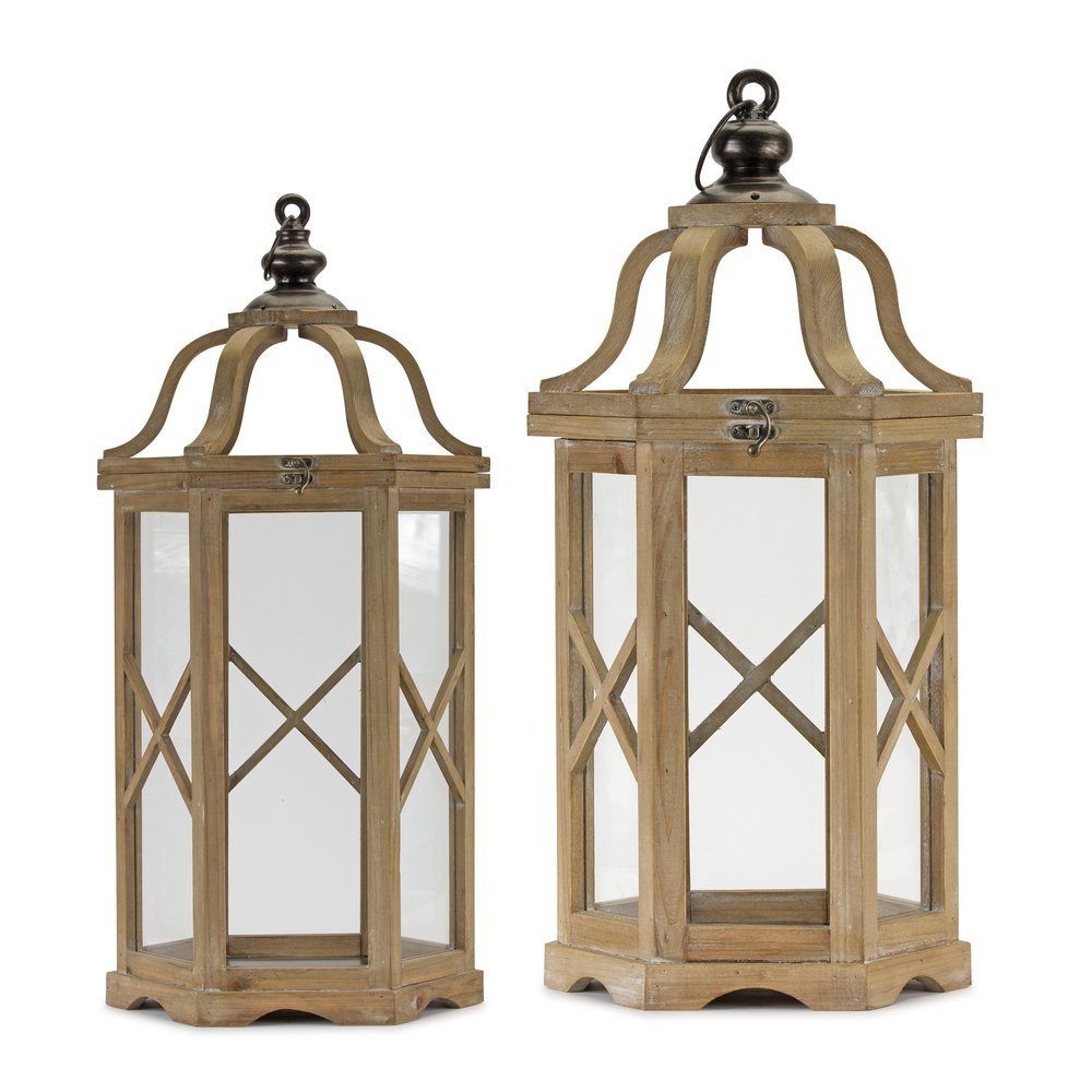 Set of Two Natural And Brown Distressed Geometric Wood And Metal Floor Lantern Candle Holders