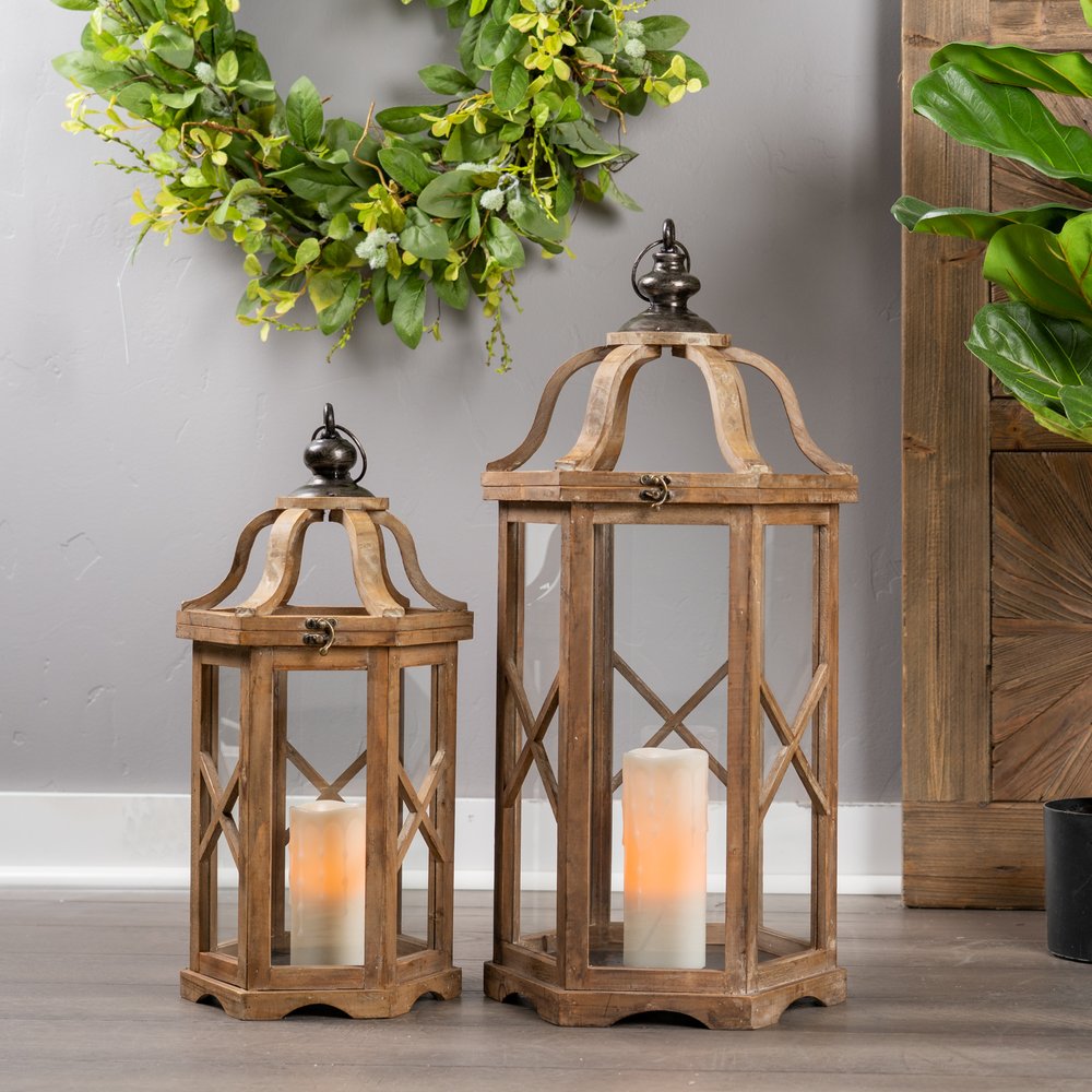 Set of Two Natural And Brown Distressed Geometric Wood And Metal Floor Lantern Candle Holders