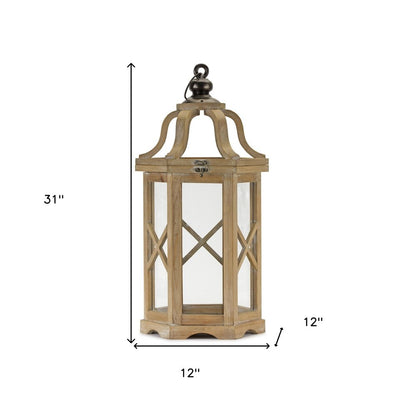 Set of Two Natural And Brown Distressed Geometric Wood And Metal Floor Lantern Candle Holders