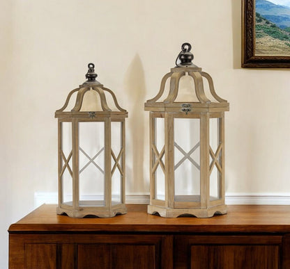 Set of Two Natural And Brown Distressed Geometric Wood And Metal Floor Lantern Candle Holders