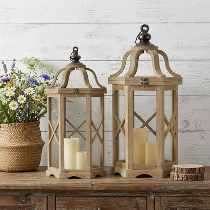 Set of Two Natural And Brown Distressed Geometric Wood And Metal Floor Lantern Candle Holders