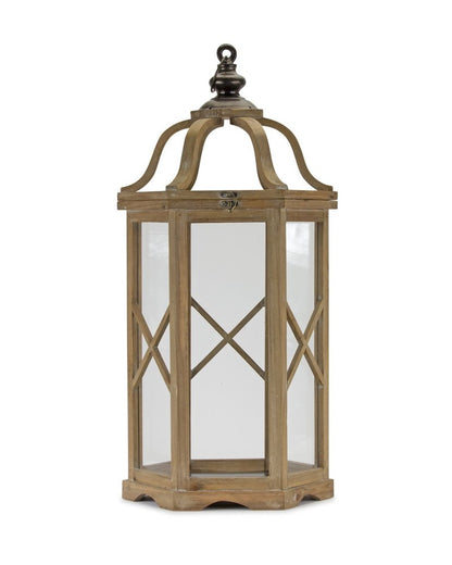 Set of Two Natural And Brown Distressed Geometric Wood And Metal Floor Lantern Candle Holders