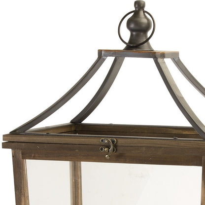 Set of Two Brown Distressed Geometric Wood And Metal Floor Lantern Candle Holders