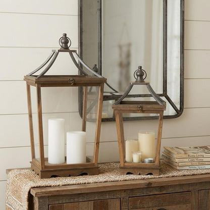 Set of Two Brown Distressed Geometric Wood And Metal Floor Lantern Candle Holders