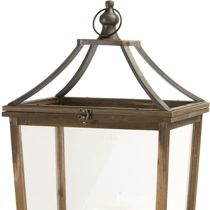 Set of Two Brown Distressed Geometric Wood And Metal Floor Lantern Candle Holders