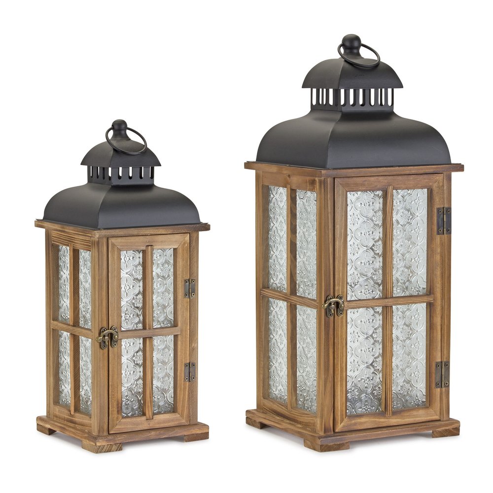 Set of Two Brown and Black Frosted Glass Wood and Metal Floor Lantern Candle Holders