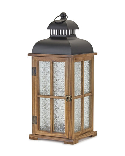 Set of Two Brown and Black Frosted Glass Wood and Metal Floor Lantern Candle Holders