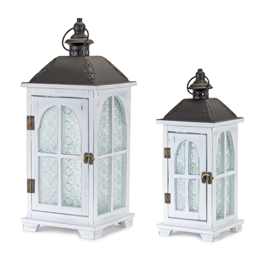 Set of Two White and Black Glass Wood and Metal Ornate Floor Lantern Candle Holders