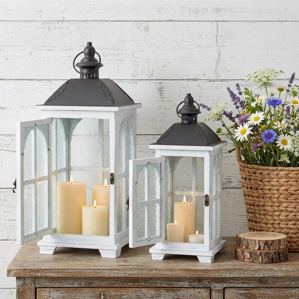 Set of Two White And Black Distressed Ornate Glass Wood And Metal Floor Lantern Candle Holders