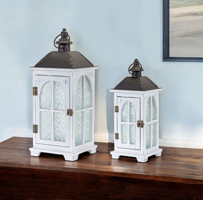 Set of Two White And Black Distressed Ornate Glass Wood And Metal Floor Lantern Candle Holders